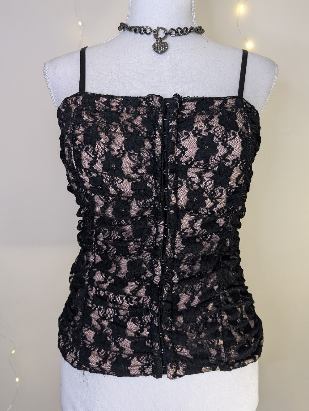 Black And Pink Lace Overlay Cami Corset Top - Goth Y2k - Picture 2 of 7